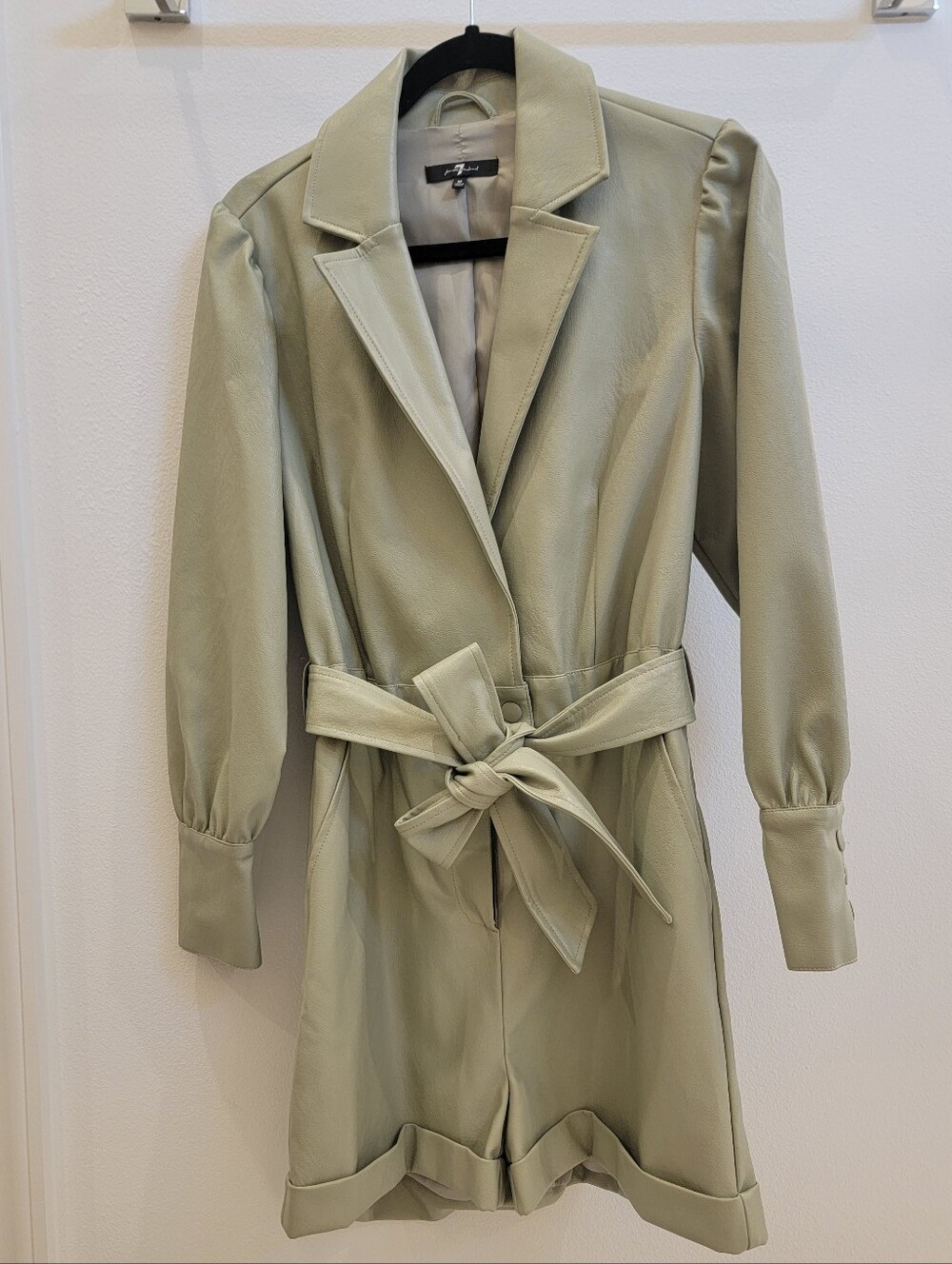 7 For All Mankind Vegan Leather Belted Long Sleeve Romper Sage Green M Fall